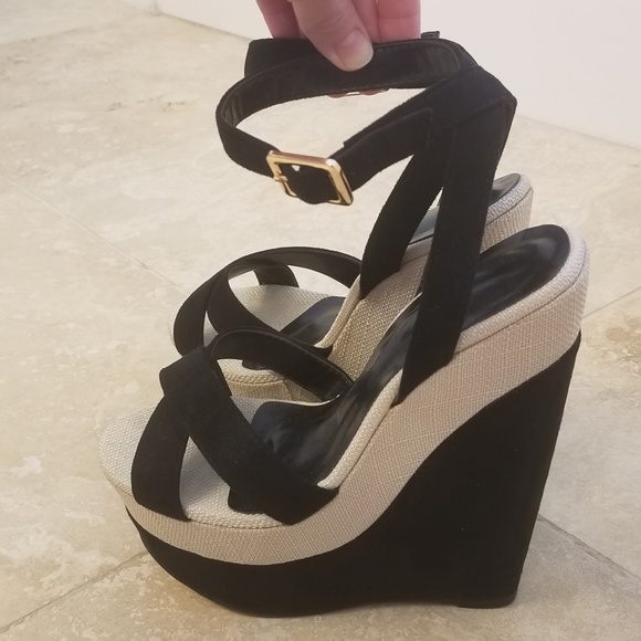 Platform wedge sandal, black and tan - Picture 4 of 6